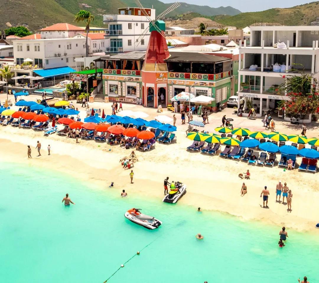 Aerial view of Great Bay Beach and the Philipsburg Boardwalk