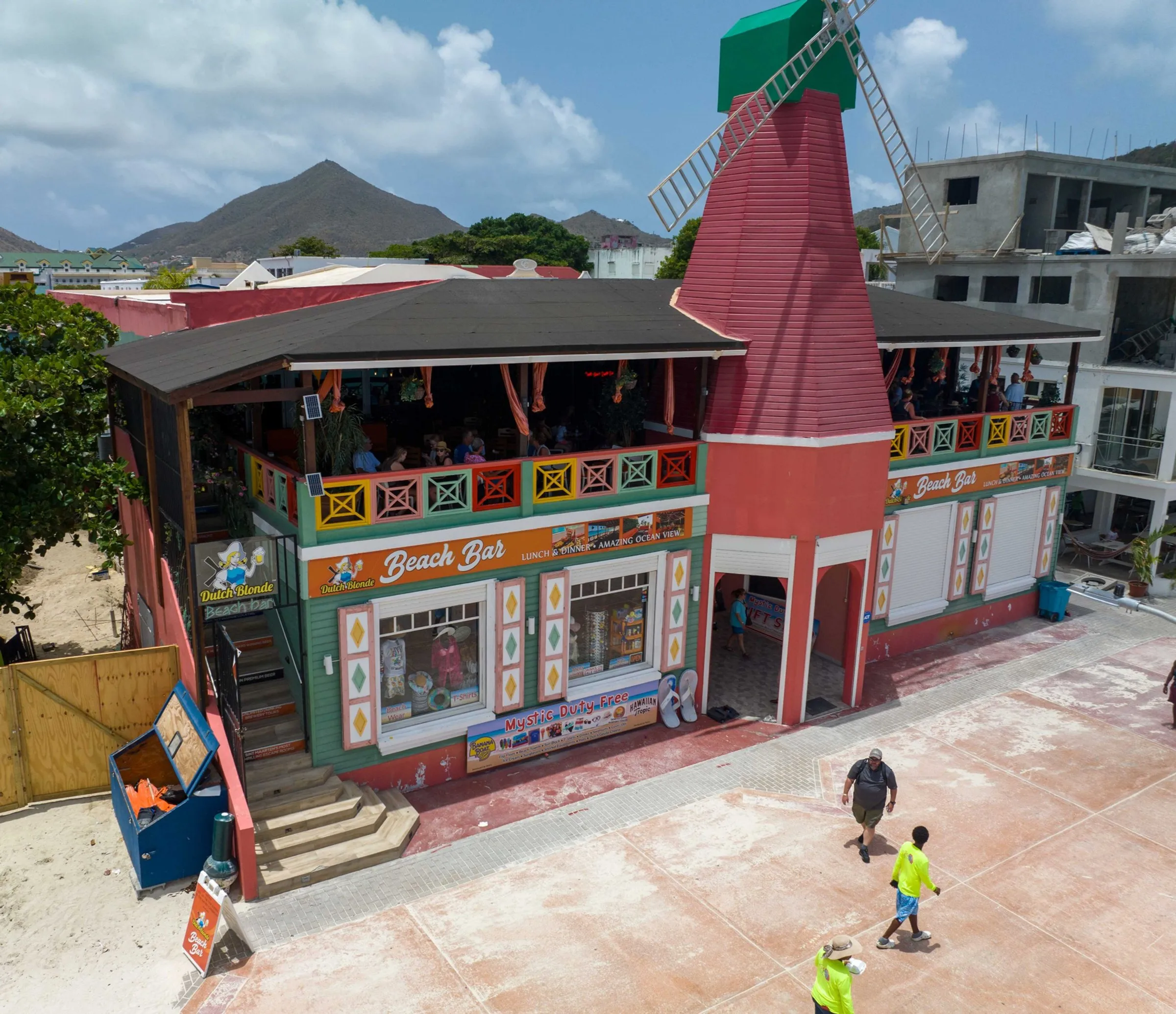 The windmill-topped Dutch Blonde Beach Bar on the Philipsburg Boardwalk