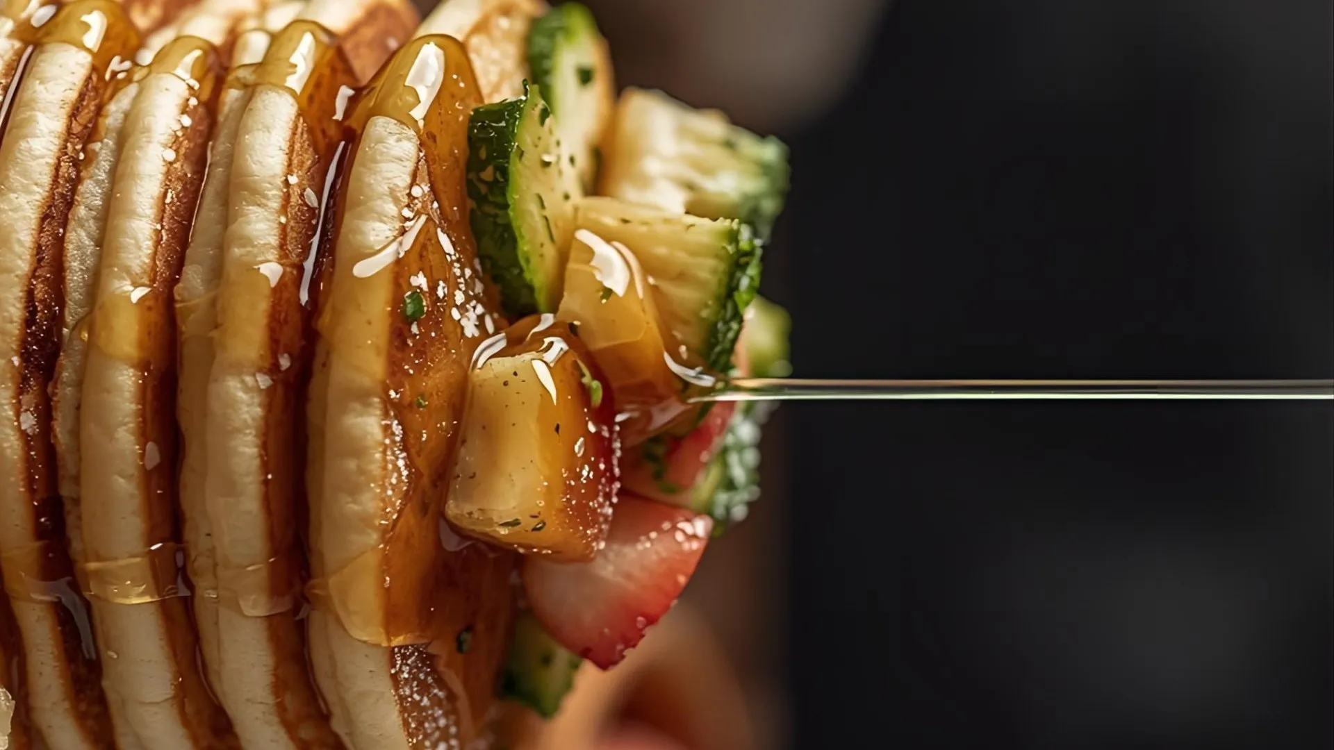 Close-up of a fork cutting into Dutch pancakes